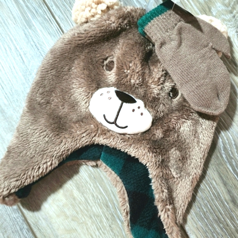 New Toddler brown and white bear toboggan and mittens set in sz 2T-4T.